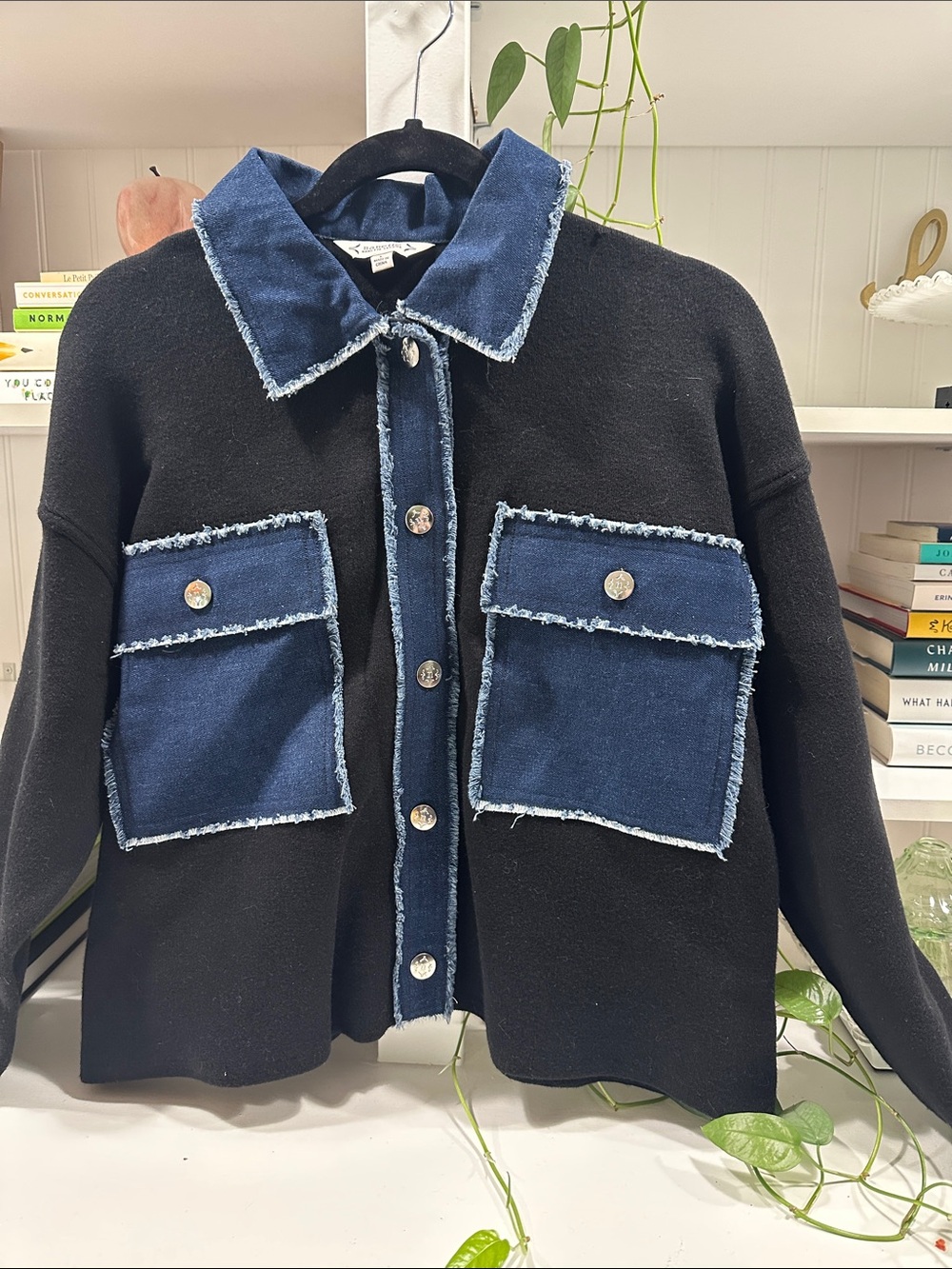 Nanette Lepore Black sweater Jacket with Dark Blue Denim Trim & Patch Pockets